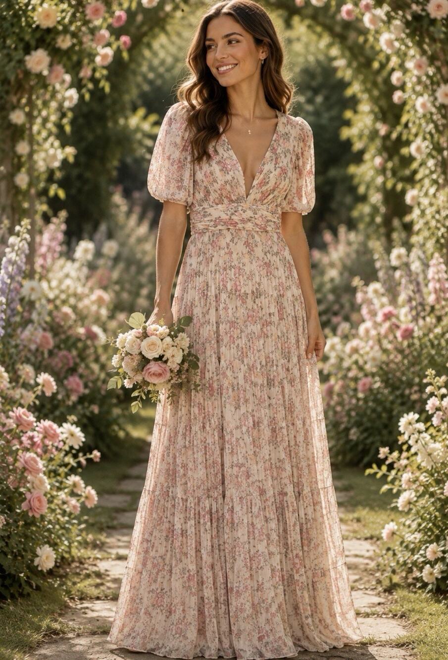 Floral Maxi Dress BIG HIT Sz Lg Pleated Tiered Chiffon Puff Sleeve Formal Brid